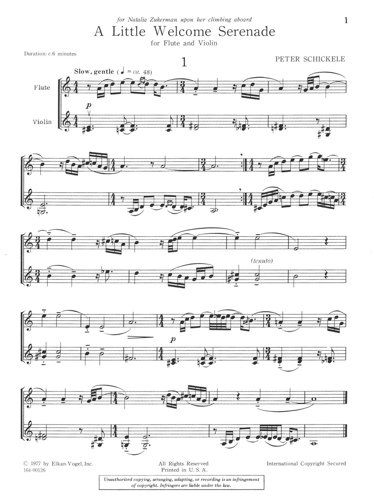 Schickele, Peter - A Little Welcome Serenade - Flute and Violin - Elkan-Vogel Edition