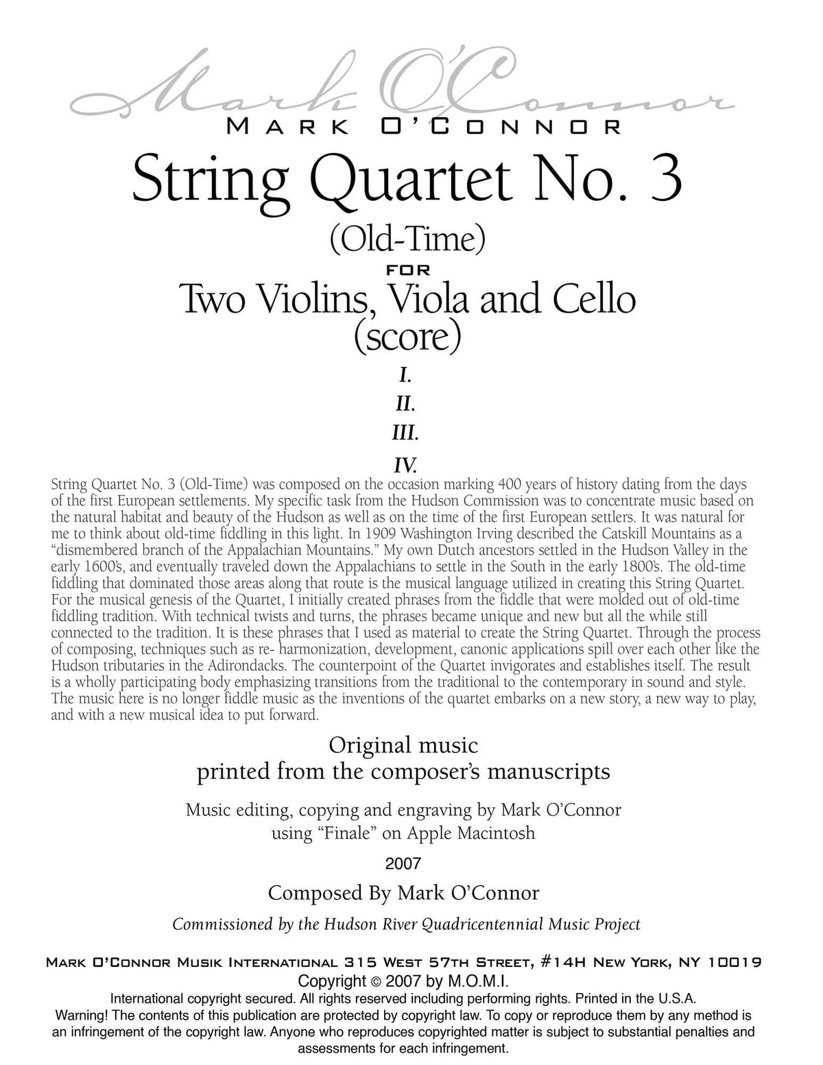 O'Connor, Mark - String Quartet No. 3 (Old-Time) for 2 Violins, Viola, and Cello - Score - Digital Download