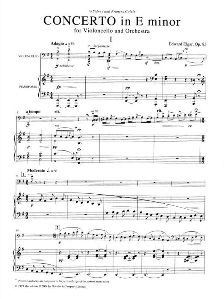 Elgar, Edward - Concerto in e minor, Op 85 - Cello and Piano - Novello Edition
