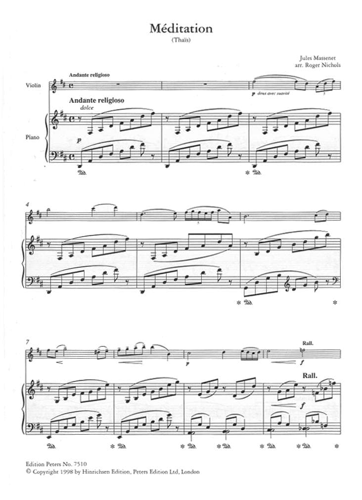 Massenet, Jules - Méditation from "Thaïs" - Violin and Piano - edited by Roger Nichols - Edition Peters