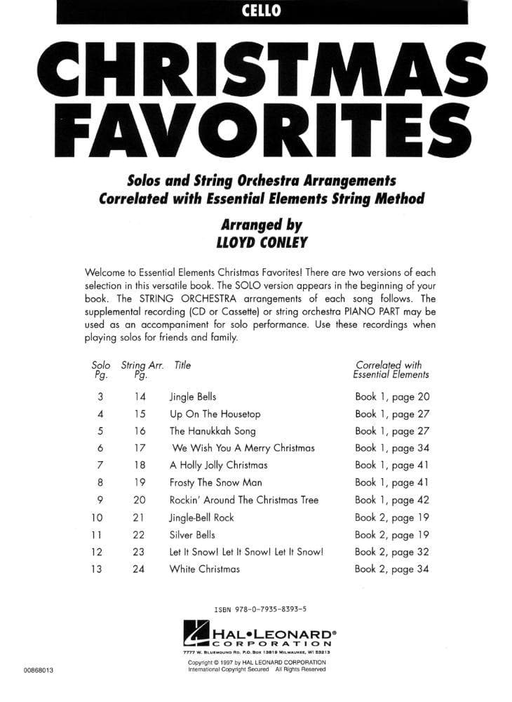 Christmas Favorites for Strings Book for Cello
