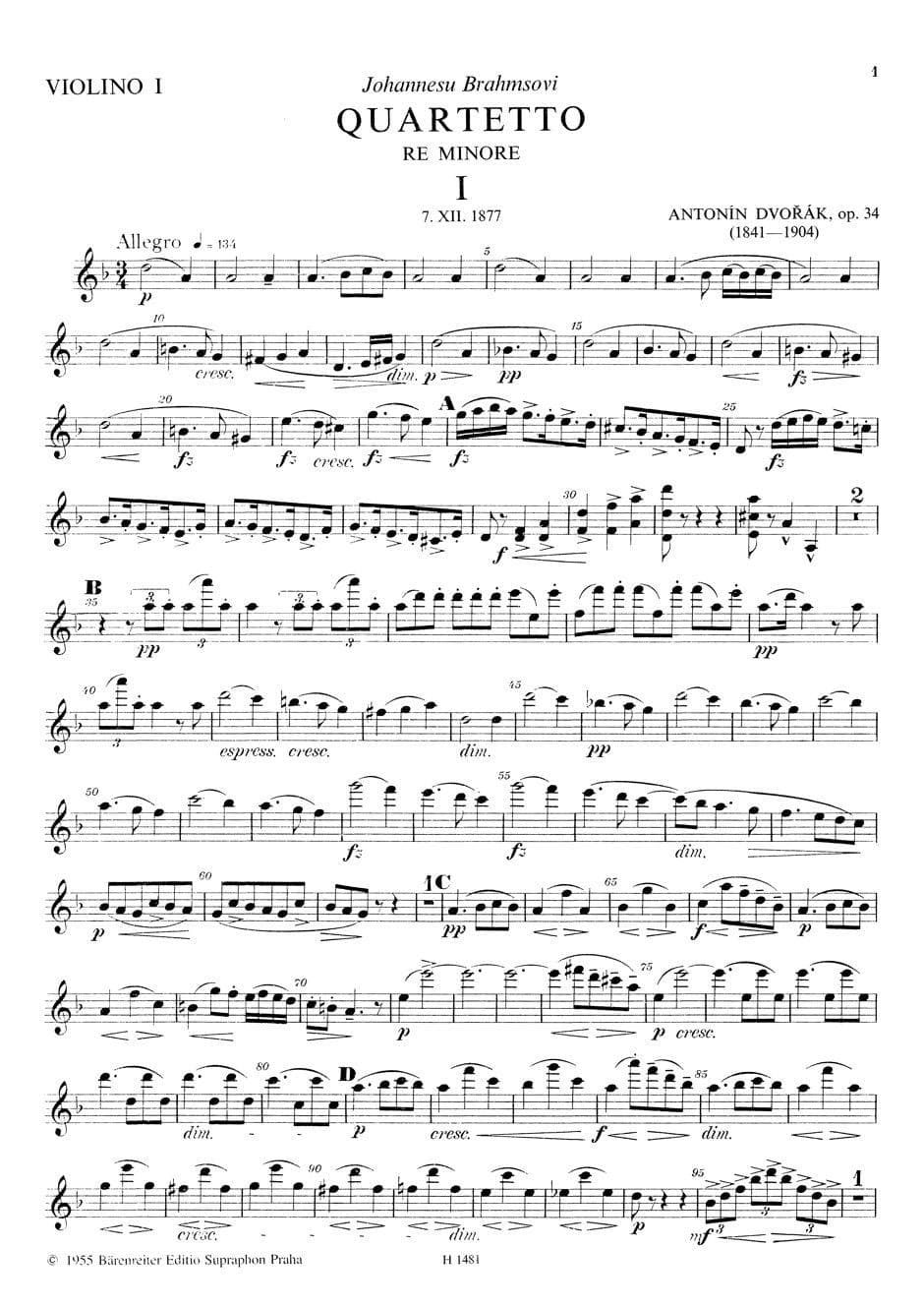 Dvorák, Antonín - Quartet No 9 in d minor, Op 34 - Two Violins, Viola, and Cello - Bärenreiter Verlag URTEXT