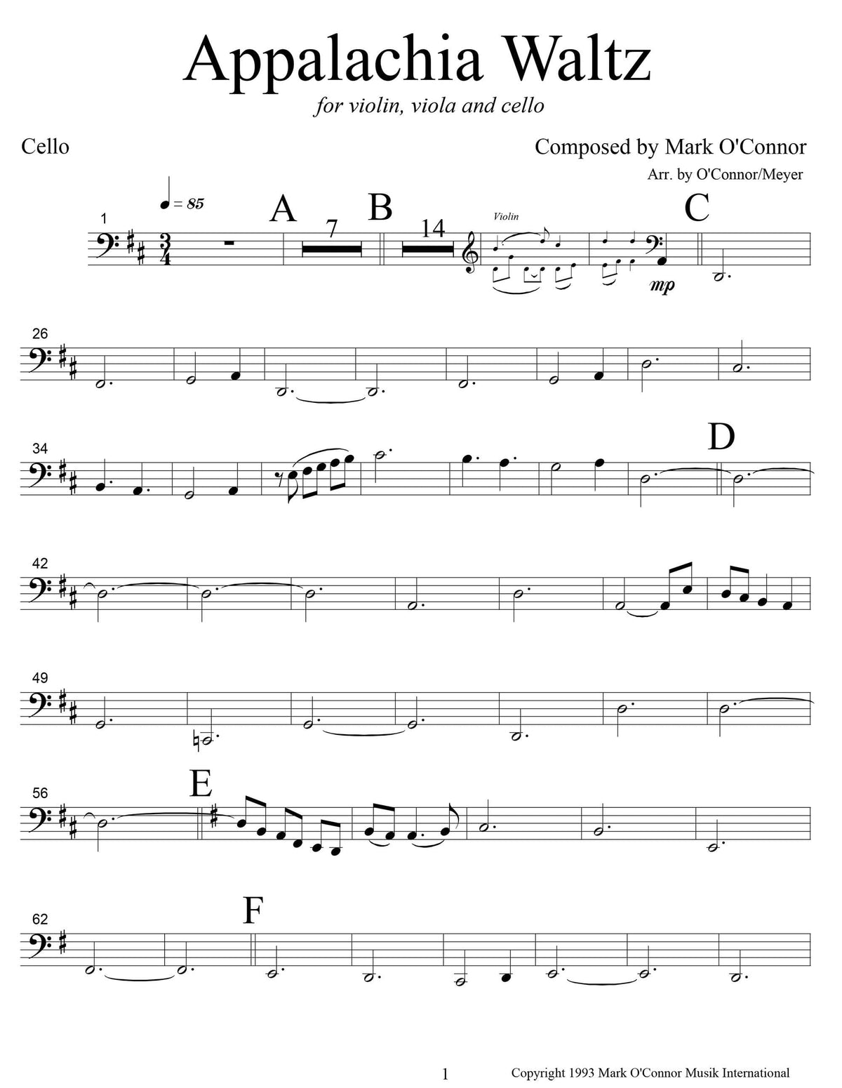 O'Connor, Mark - Appalachia Waltz for Violin, Viola, and Cello - Cello - Digital Download