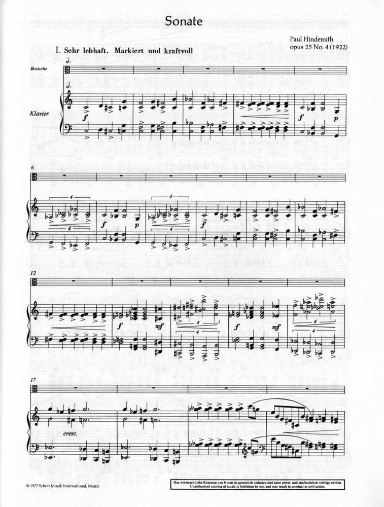 Hindemith, Paul - Sonata, Op 25, No 4 (1922) - Viola and Piano - Schott Edition