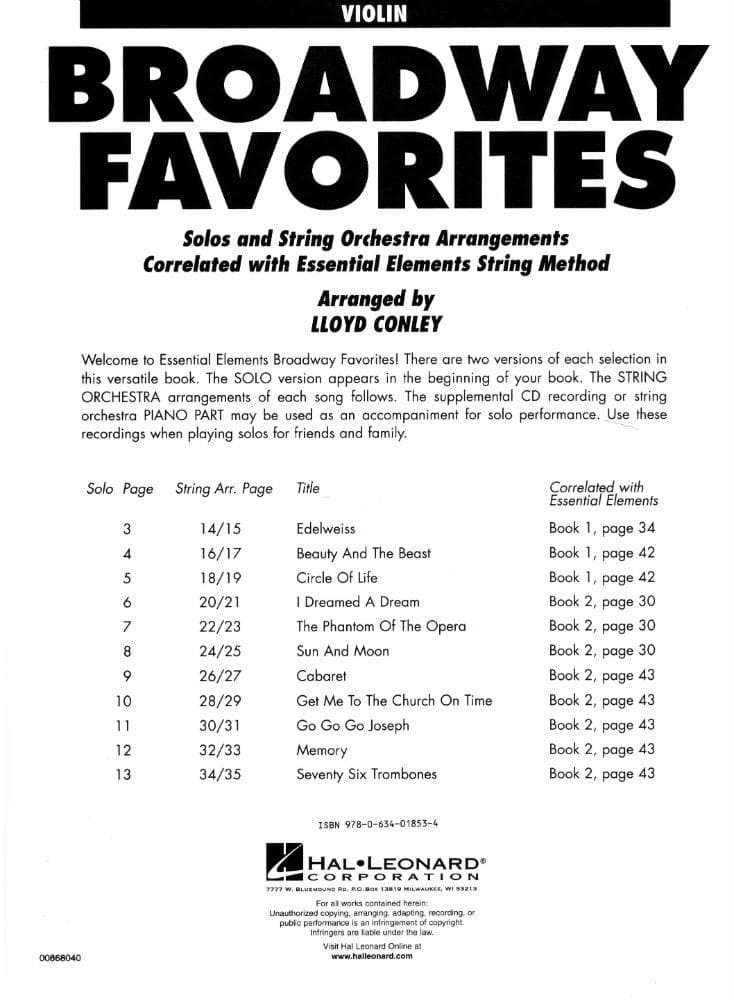 Essential Elements: Broadway Favorites - Violin - arranged by Lloyd Conley - Hal Leonard Publication