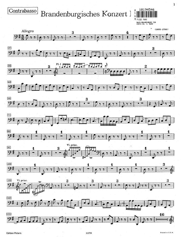 Bach, J.S. - Brandenburg Concerto No. 4, BWV 1049 - Bass Part - Peters Edition