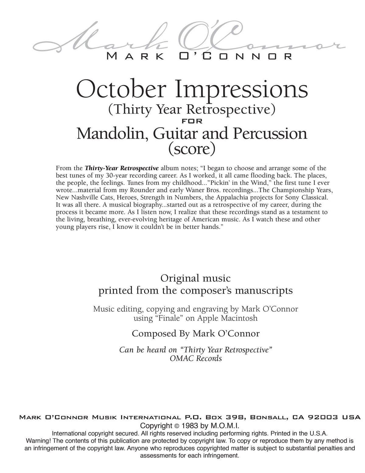 O'Connor, Mark - October Impressions for Mandolin, Guitar, and Percussion - Score - Digital Download