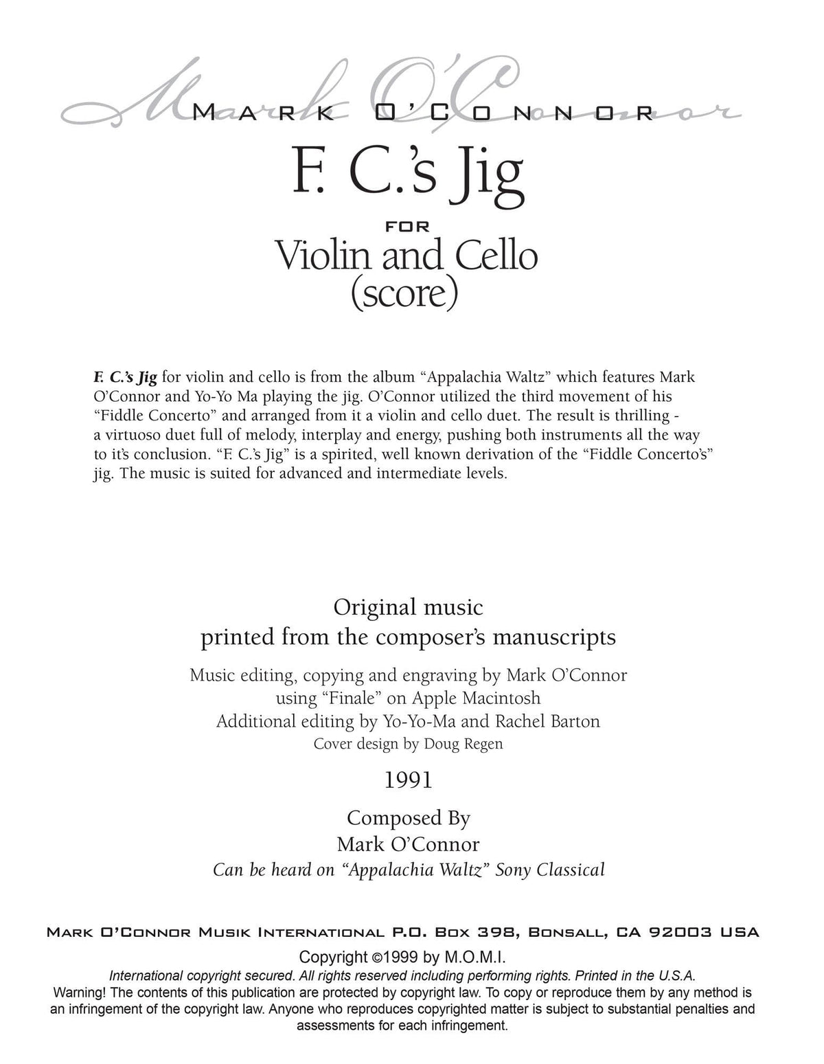 O'Connor, Mark - F.C.'s Jig for Violin and Cello - Score - Digital Download