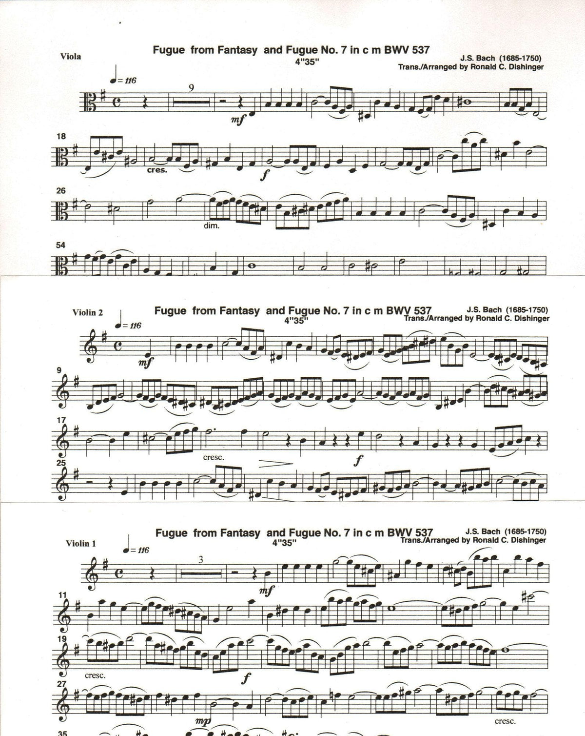 Bach, J.S. - Fugue from Prelude and Fugue (BWV 537) - for Two Violins and Viola - arranged by Dishinger - Medici Music Press
