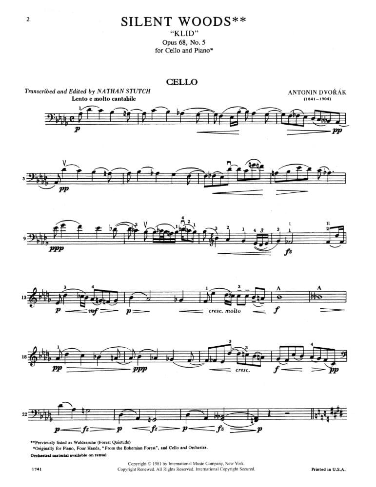 Dvorák, Antonín - Silent Woods ("Klid"), Op 68, No 5 - Cello and Piano - edited by Nathan Stutch - International Edition