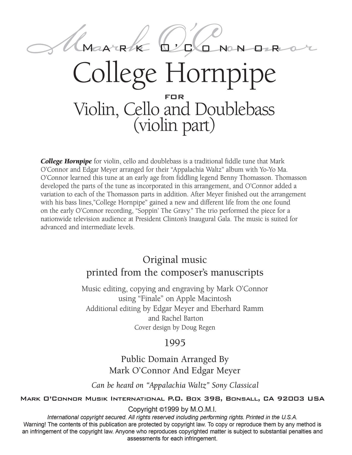 O'Connor, Mark - College Hornpipe for Violin, Cello, and Bass - Violin - Digital Download