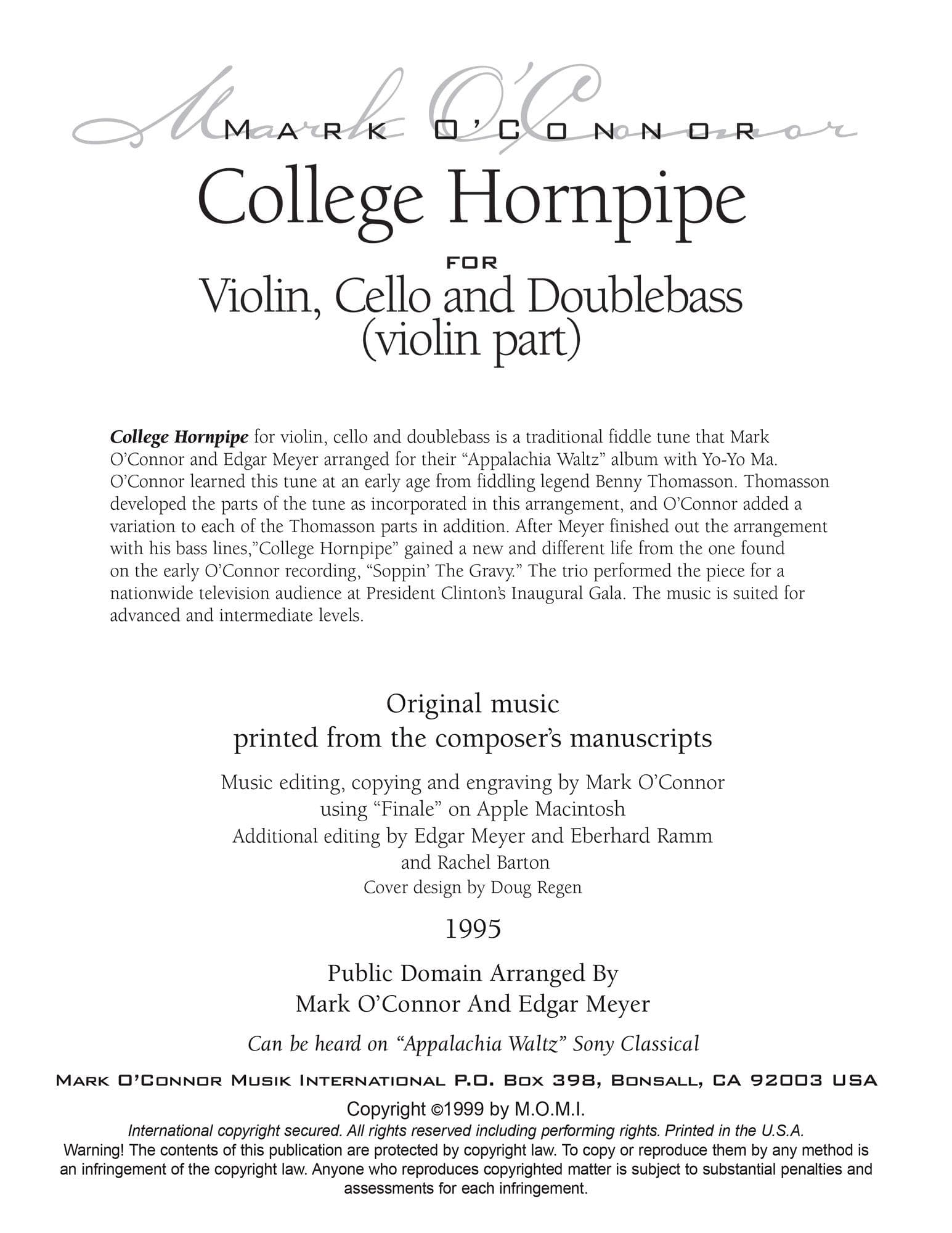 O'Connor, Mark - College Hornpipe for Violin, Cello, and Bass - Violin - Digital Download