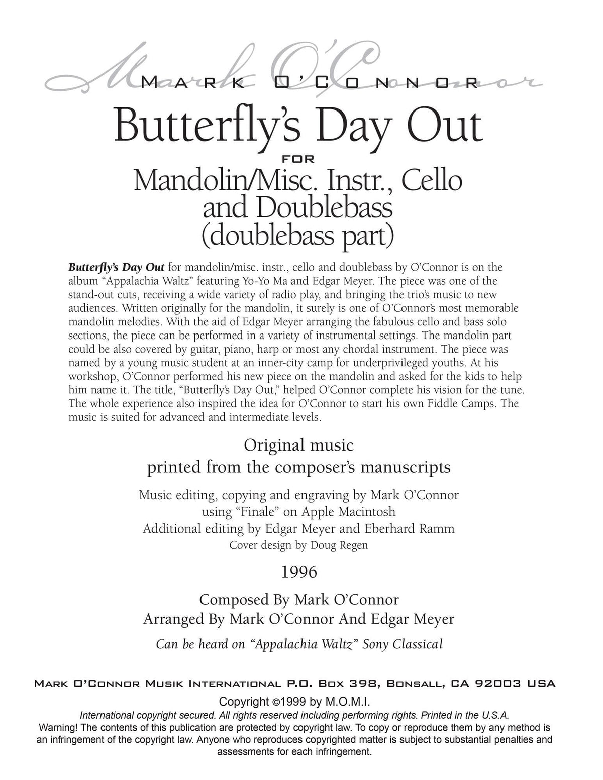 O'Connor, Mark - Butterfly's Day Out for Mandolin, Cello, and Bass - Bass - Digital Download