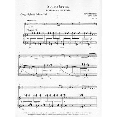 Hummel, Bertold - Sonata brevis - Opus 11a - Cello and Piano - Simrock Original Edition