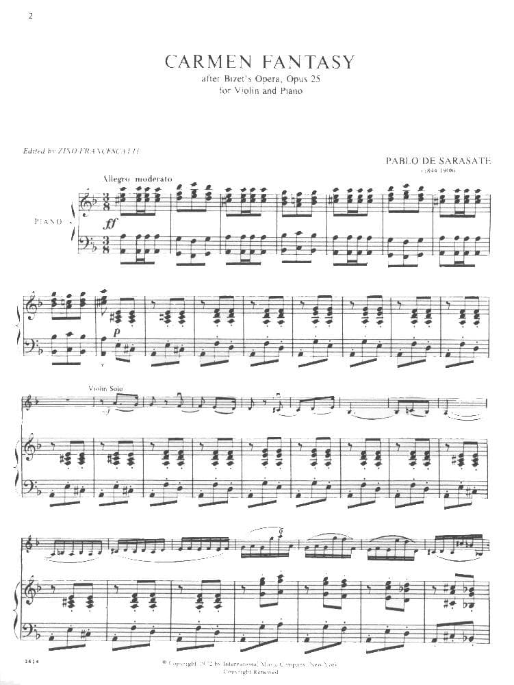 Sarasate, Pablo - Carmen Fantasy, Op 25 - Violin and Piano - edited by Zino Francescatti - International Music Company