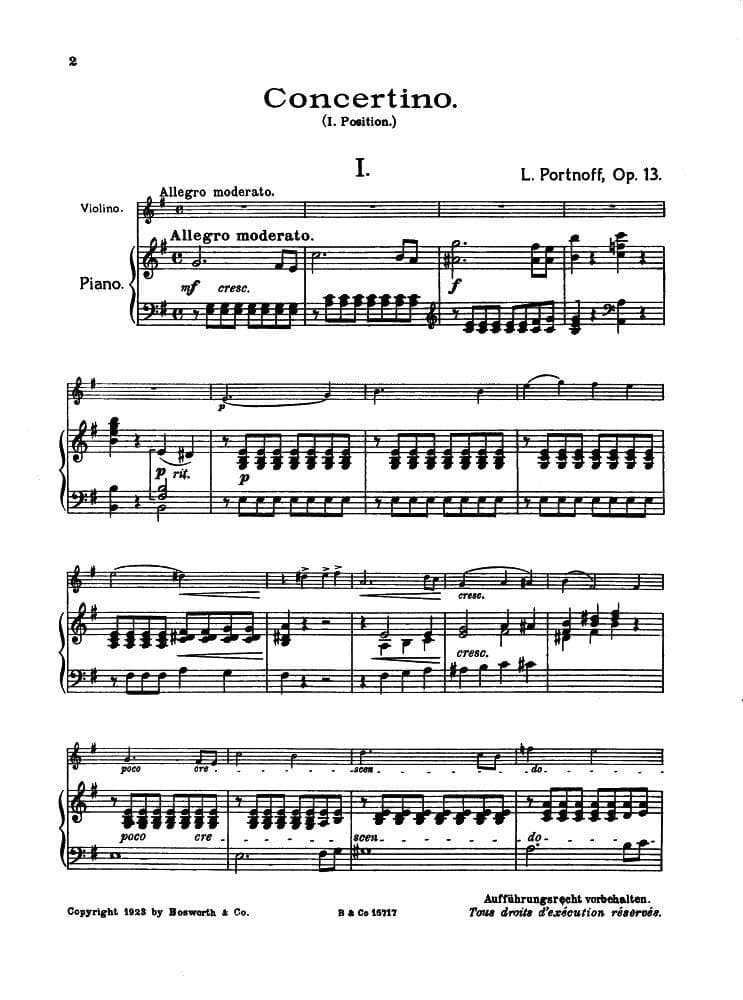Portnoff, Leo - Concertino in E Minor for Violin and Piano, Op 13 - Bosworth