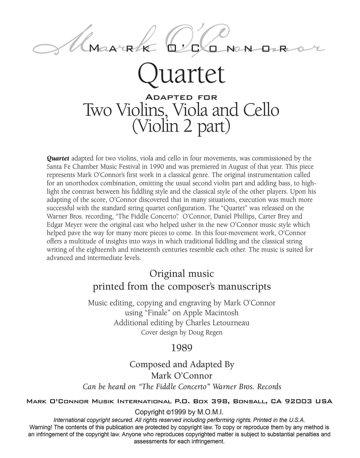 O'Connor, Mark - Quartet for 2 Violins, Viola, and Cello - Violin 2 - Digital Download