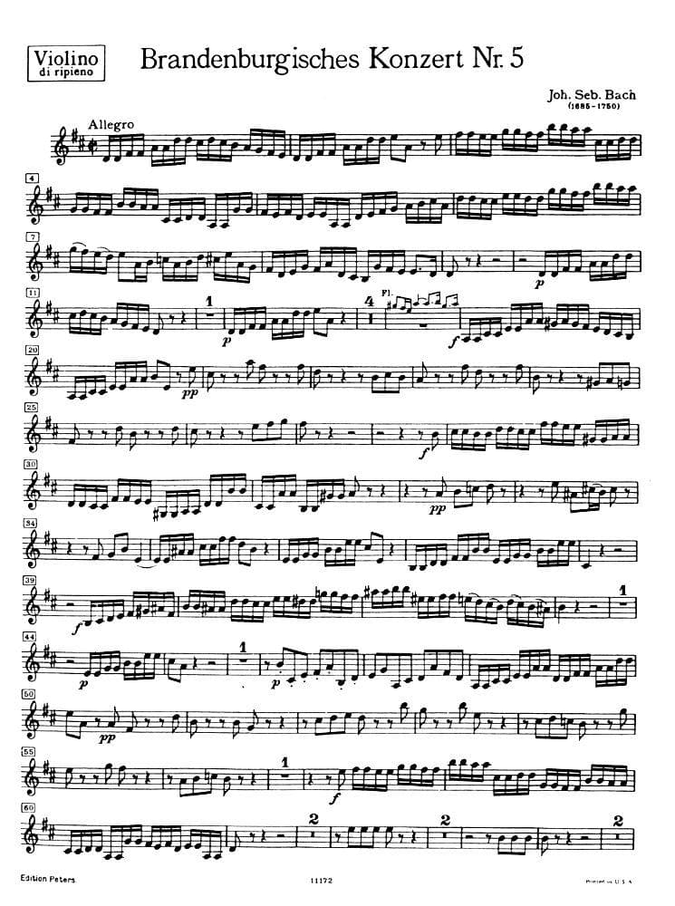 Bach, JS - Brandenburg Concerto No. 5, BWV 1050 - Violin 1 Part - Peters Edition