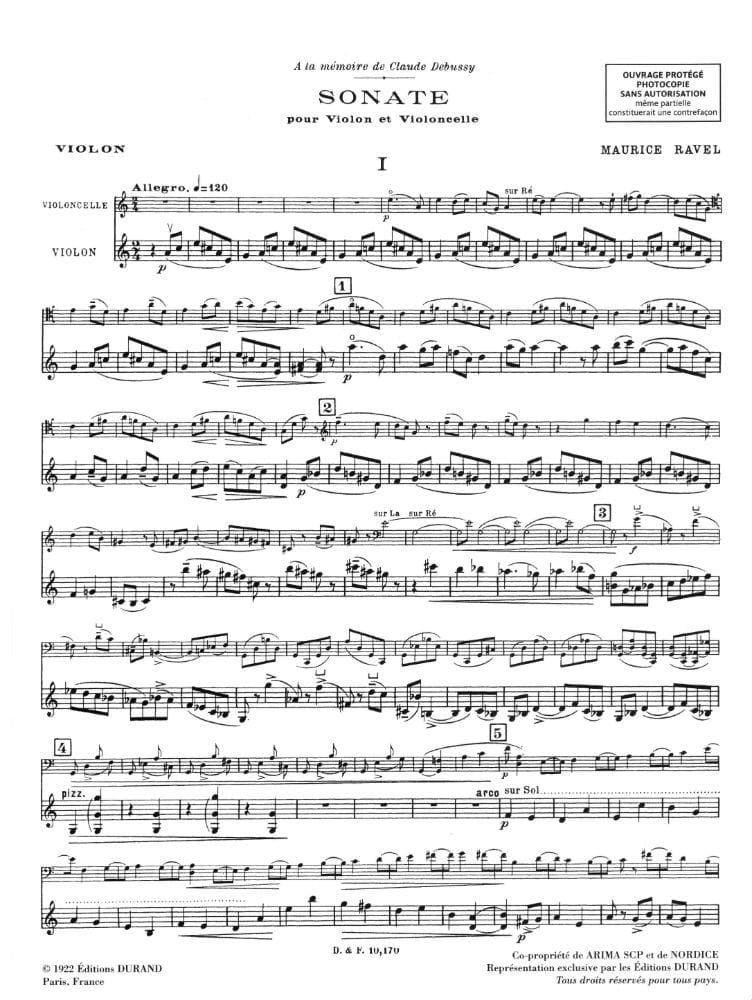 Ravel, Maurice - Sonata ( 1920 - 22 ) for Violin and Cello Includes Parts Published by Editions Durand