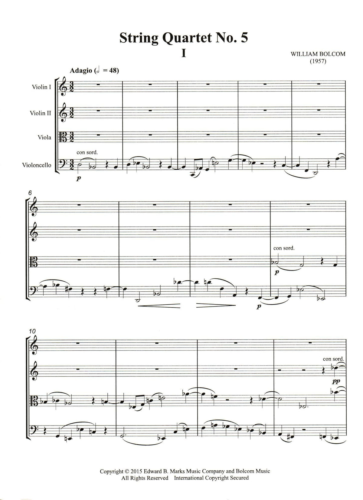 Bolcom, William - String Quartet No. 5 - Score and Parts - Edward B. Marks Music Company