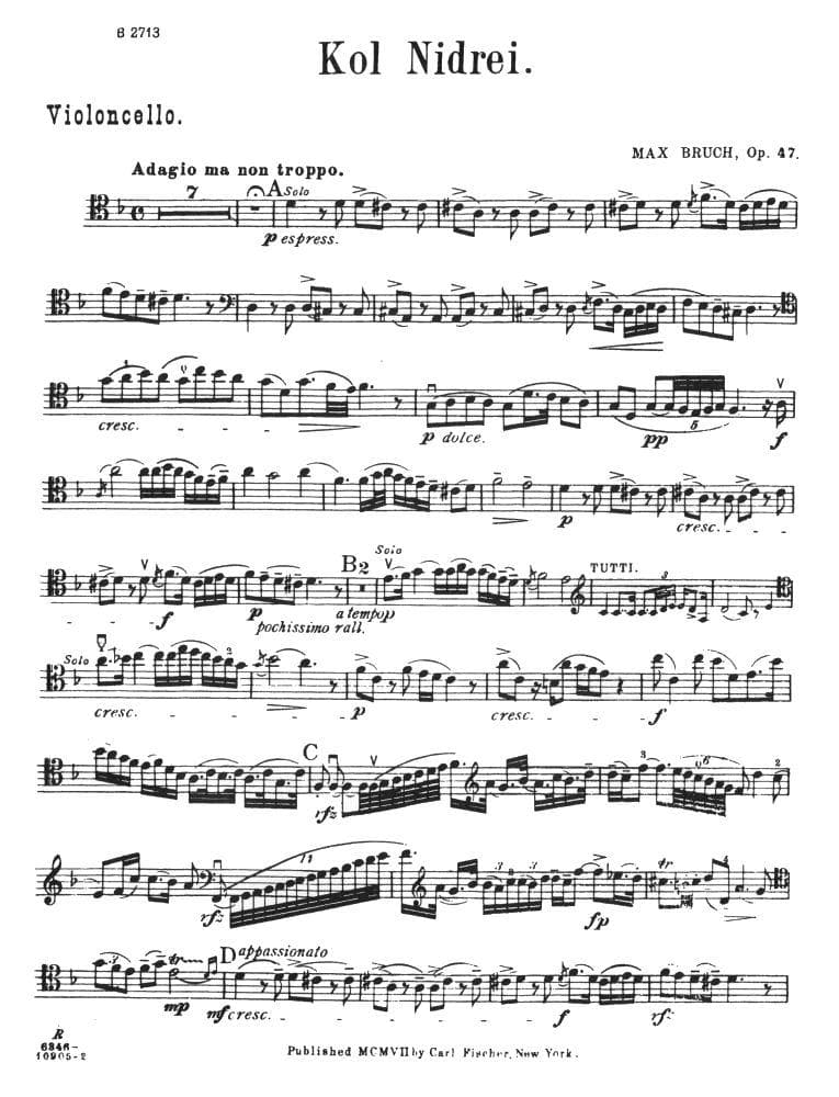 Kol Nidrei, Op 47 - Bruch, Max - Cello and Piano - edited by Lehmann - Carl Fischer