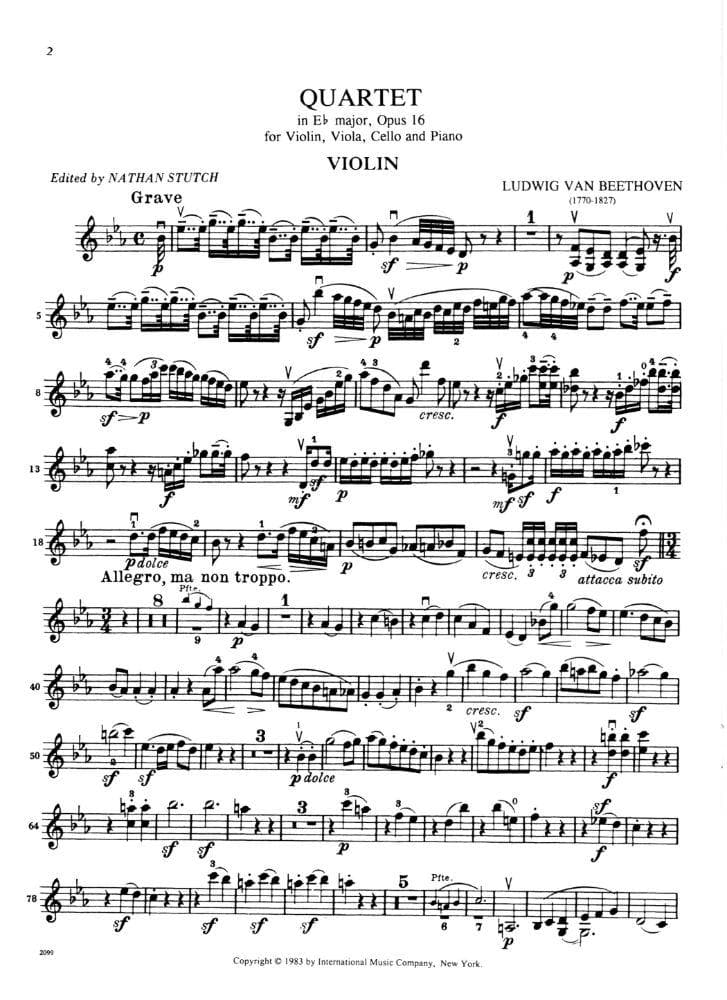 Beethoven, Ludwig - Piano Quartet in E-flat Major Op 16 for Violin, Viola, Cello and Piano - Arranged by Stutch - International Edition