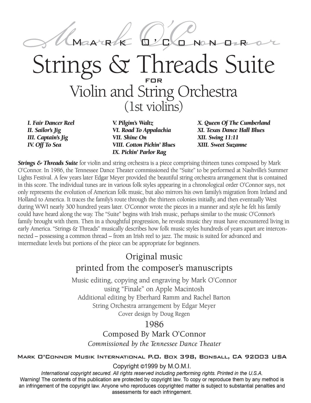 O'Connor, Mark - Strings & Threads Suite for Violin and String Orchestra - String Parts - Digital Download