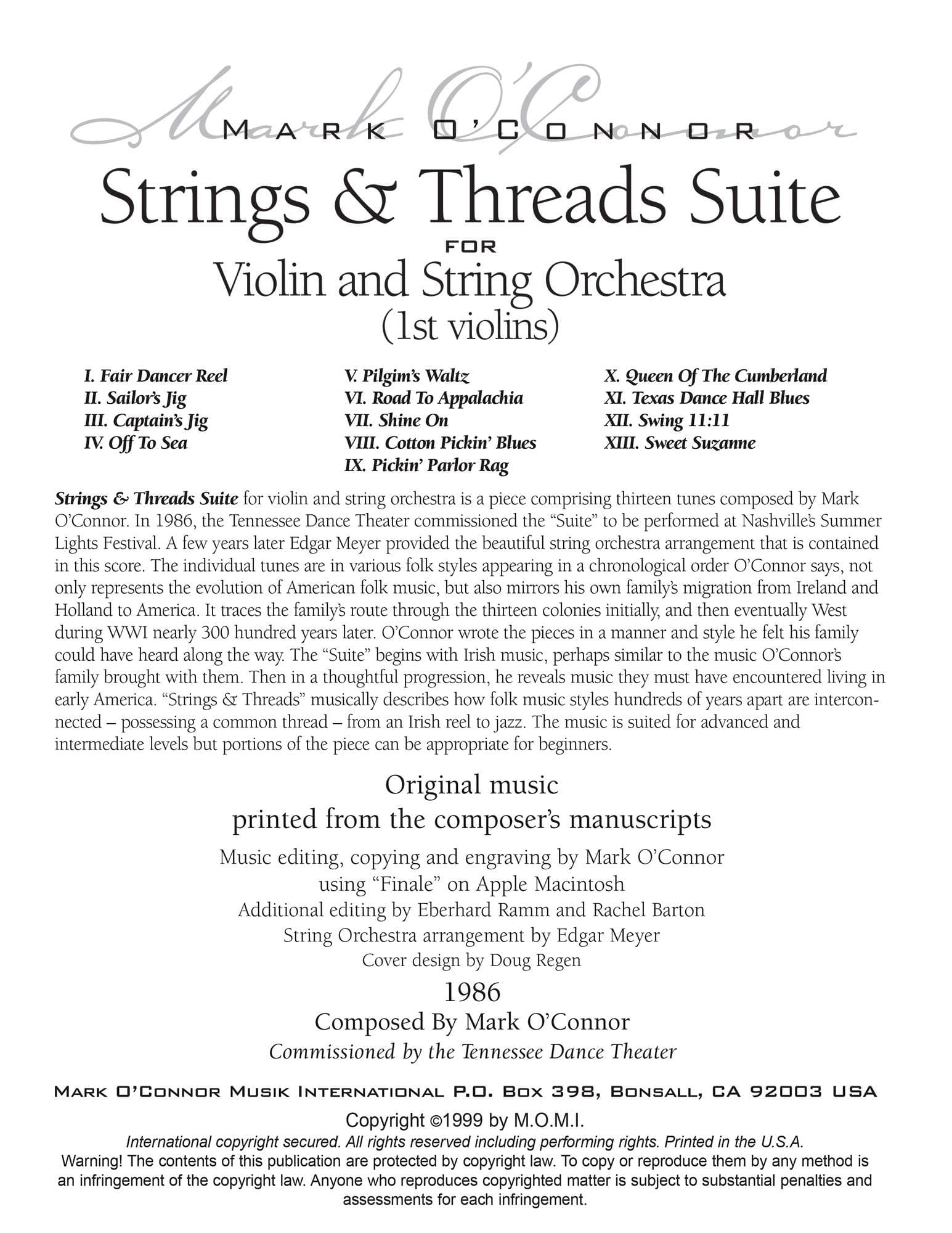 O'Connor, Mark - Strings & Threads Suite for Violin and String Orchestra - String Parts - Digital Download
