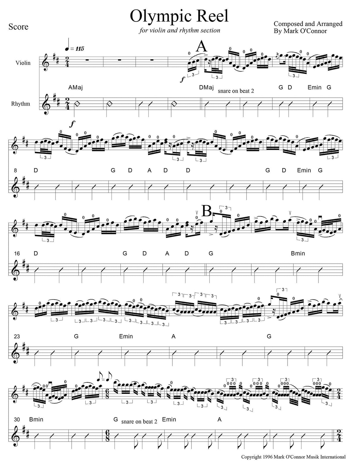 O'Connor, Mark - Olympic Reel for Violin and Folk Instrument - Score (w/ Rhythm) - Digital Download