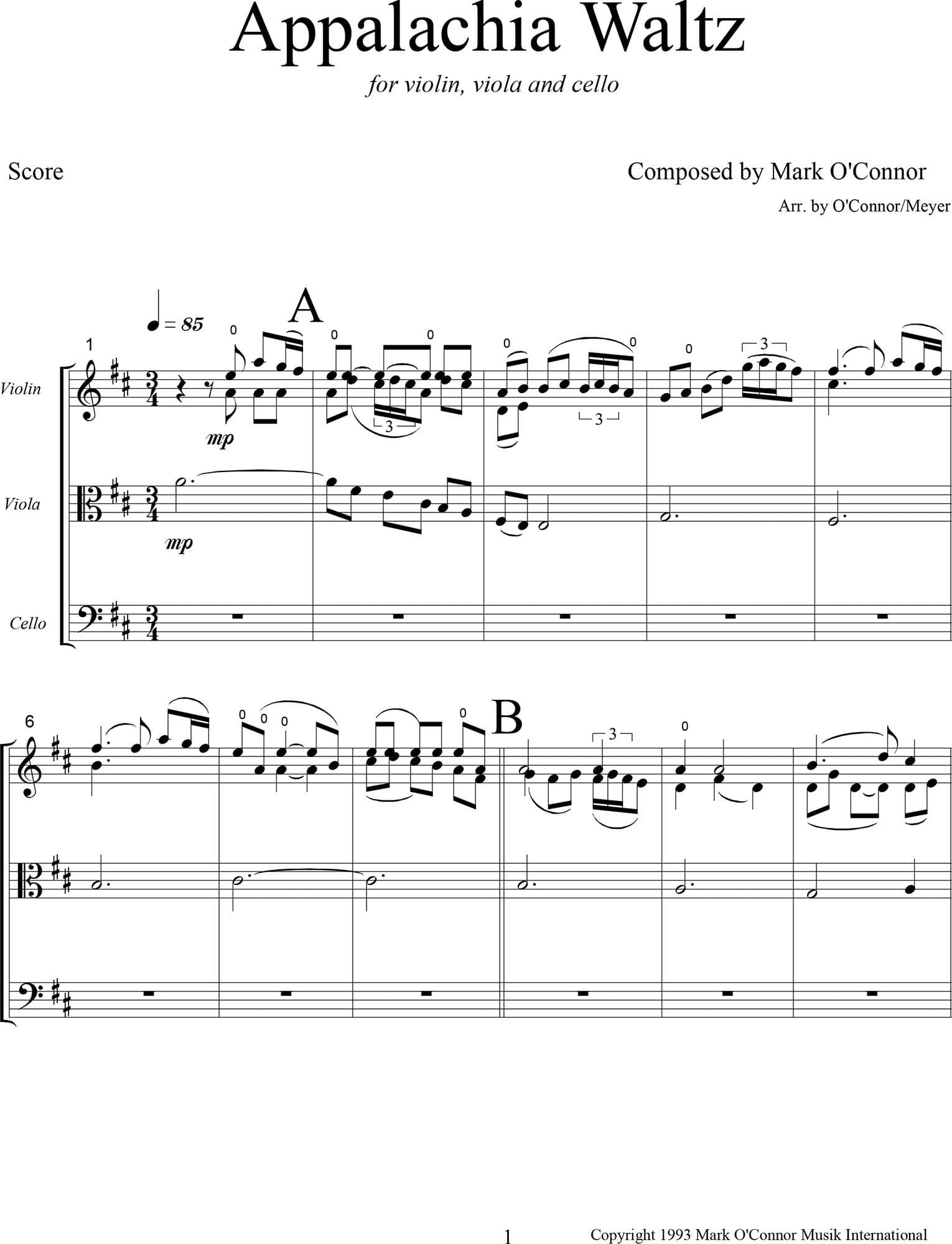 O'Connor, Mark - Appalachia Waltz for Violin, Viola, and Cello - Score - Digital Download