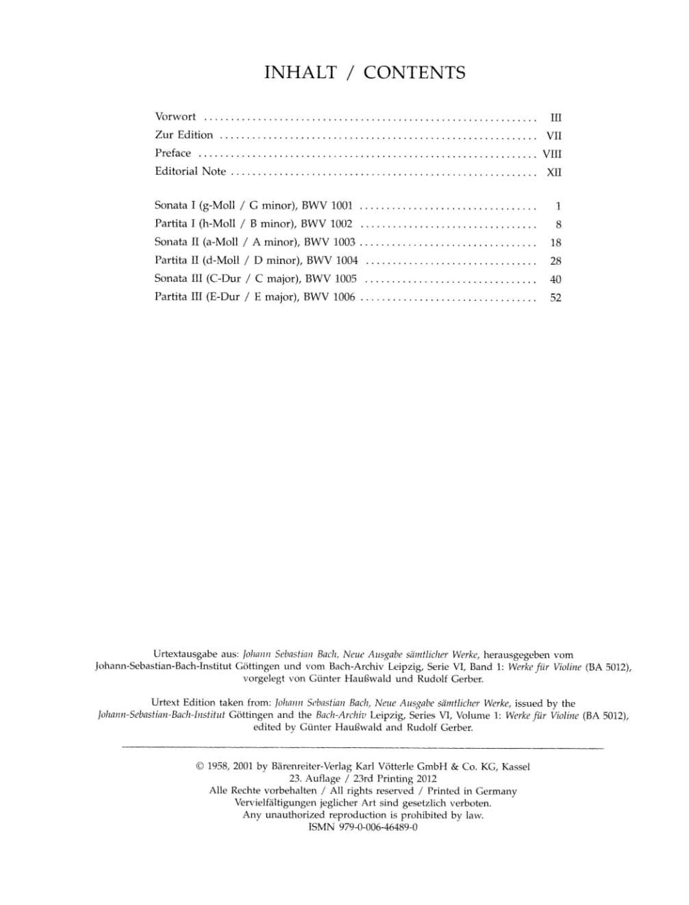 Bach, JS - 6 Sonatas and Partitas, BWV 1001-1006 - Solo Violin - edited by Günter Hauswald - Bärenreiter Verlag URTEXT