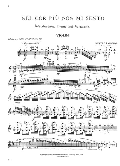 Paganini, Niccolo - Introduction and Variations on "Nel Cor Piu Non Mi Sento," Op 38 - Solo Violin - edited by Zino Francescatti - International Music Company