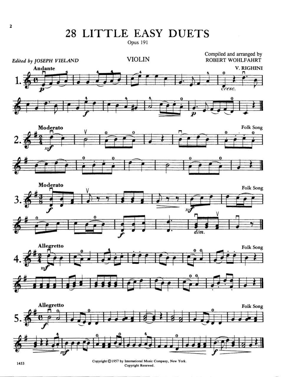 Wohlfahrt, Franz - 28 Little Duets, Op 191 For Violin and Viola Edited by Vieland Published by International Music Company