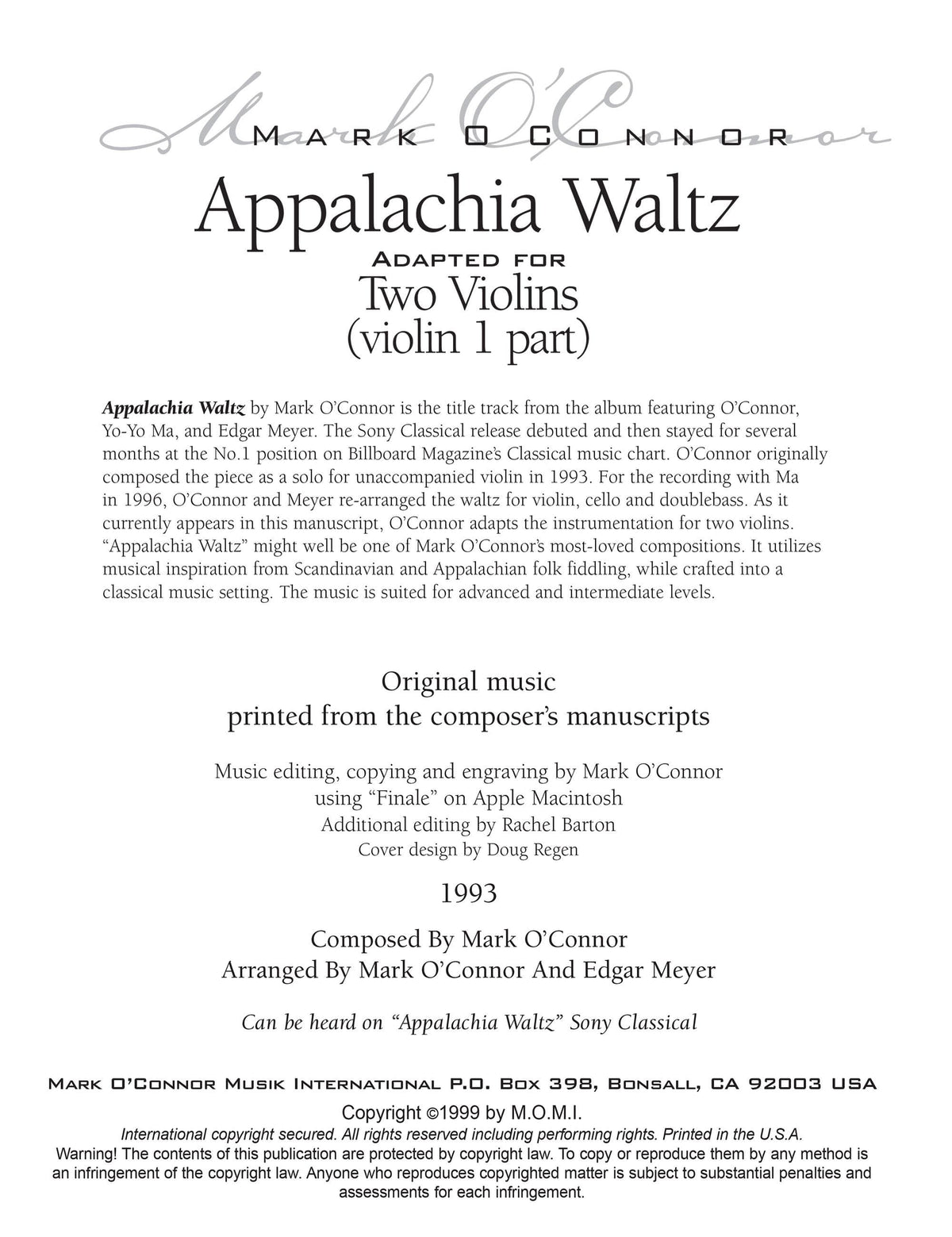 O'Connor, Mark - Appalachia Waltz for 2 Violins - Violin 1 - Digital Download