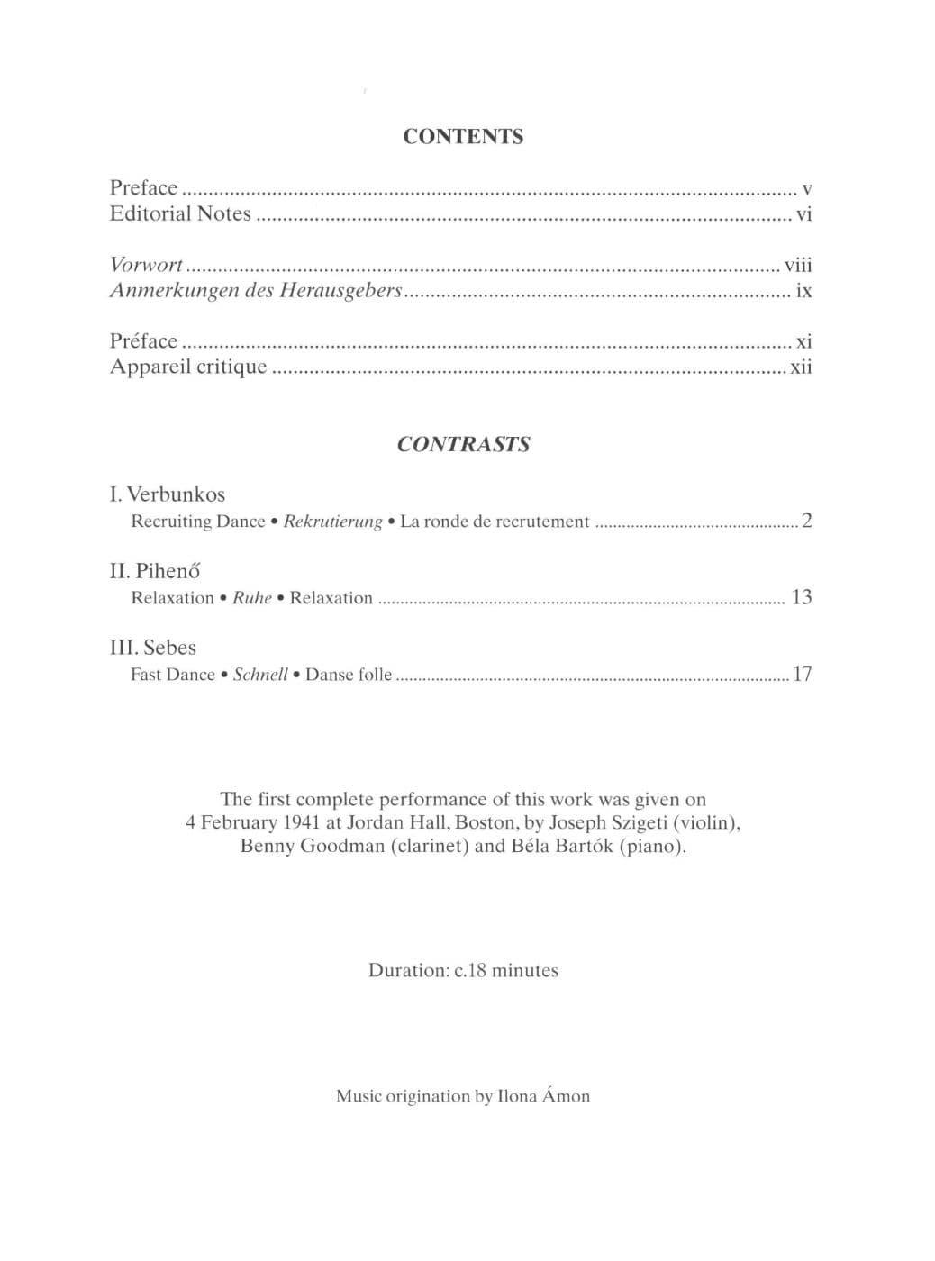 Bartok, Bela - Contrasts Sz 116 for Violin, Clarinet, and Piano (Corrected Edition 2002) - Edited by Dellamaggiore and Bartok - Boosey & Hawkes Edition