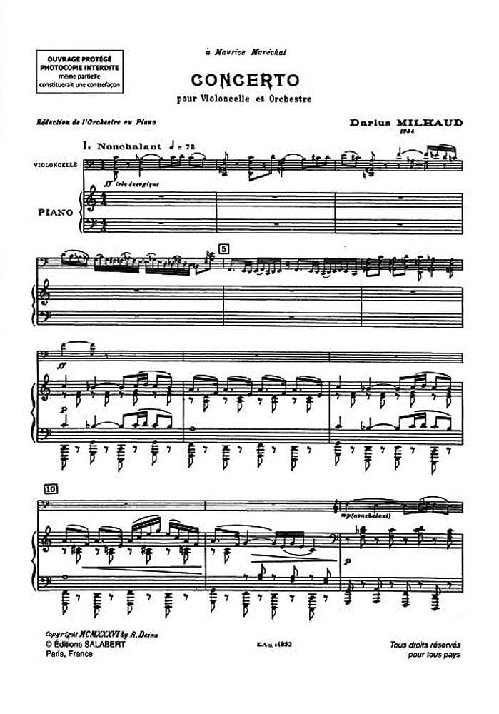 Milhaud, Darius - Concerto No 1, Op 136 (1934) - Cello and Piano - Editions Salabert