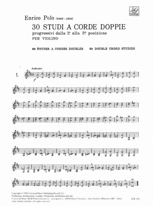 Polo, Enrico - 30 Studi a Corde Doppie - Violin - Ricordi
