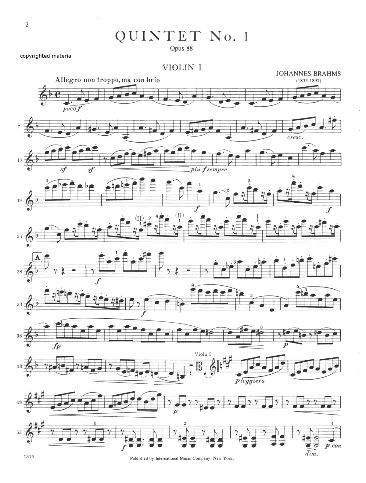 Brahms, Johannes - Quintet No 1 In F Major Op 88 for Two Violins, Two Violas and Cello - Arranged by the Gewandhaus Quartet - International Edition