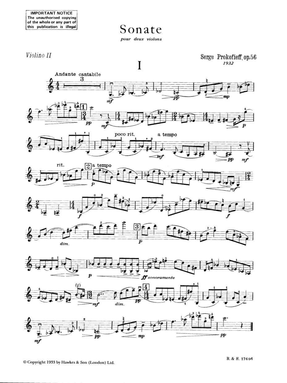 Prokofiev, Serge - Sonata Op 56 For Two Violins Published by Boosey & Hawkes