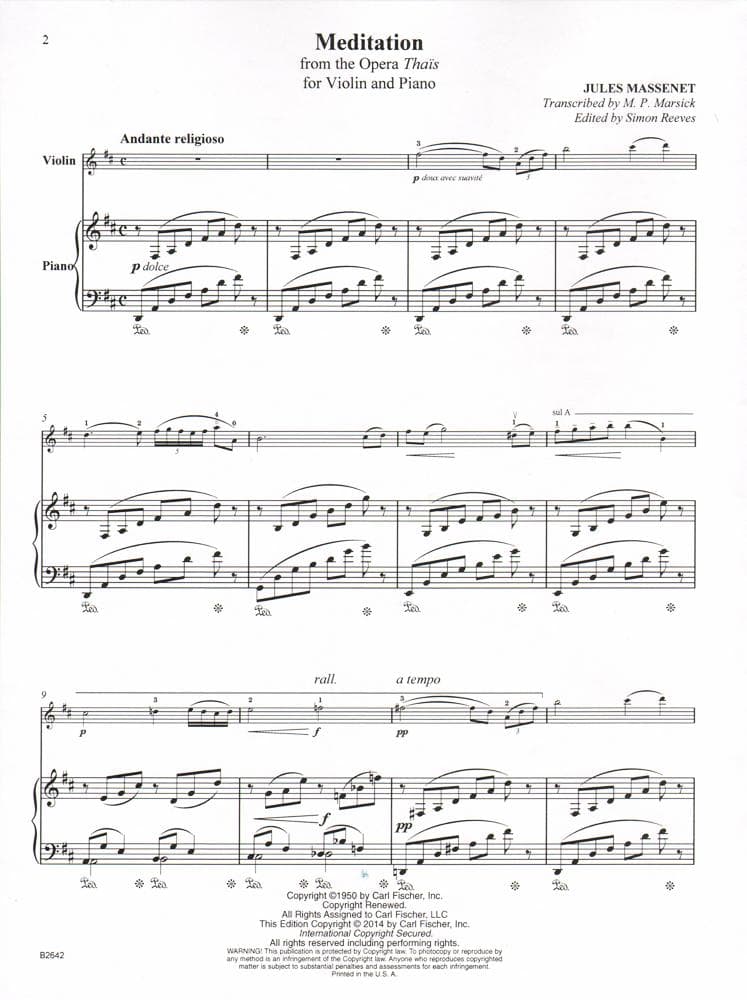 Massenet, Jules - Méditation from "Thaïs" - Violin and Piano - transcribed by M P Marsick - Carl Fischer Edition
