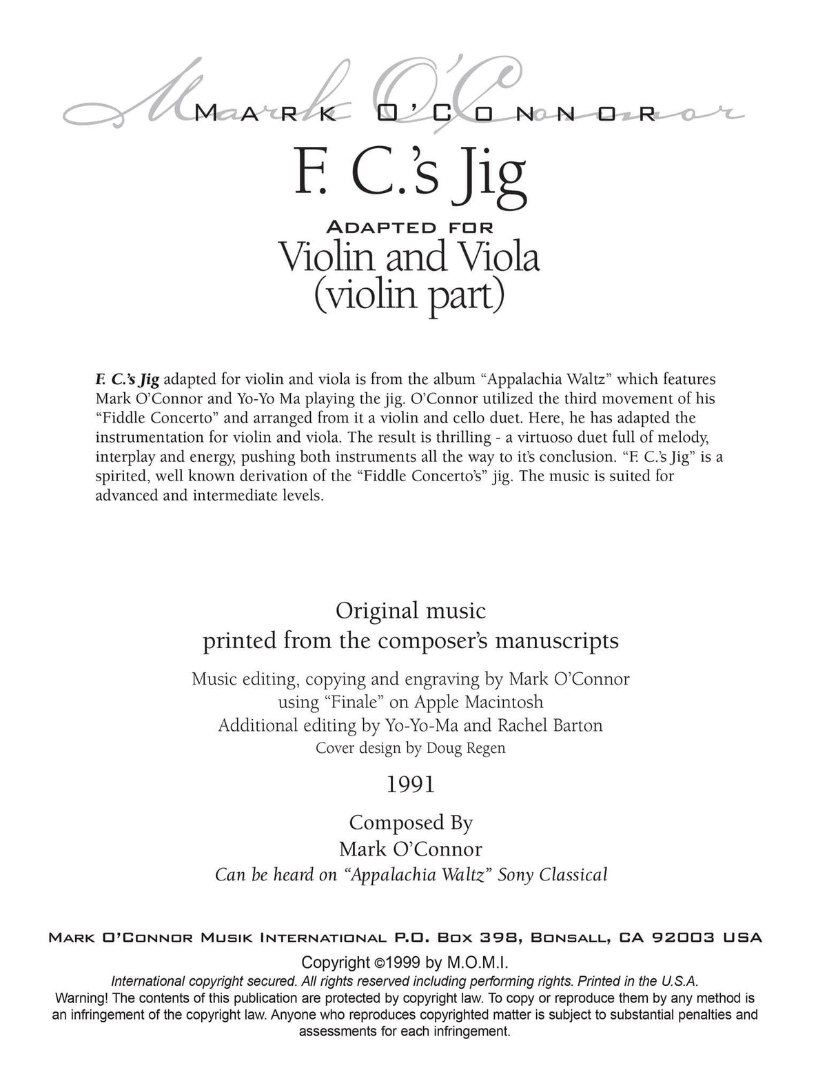 O'Connor, Mark - F.C.'s Jig for Violin and Viola - Violin - Digital Download