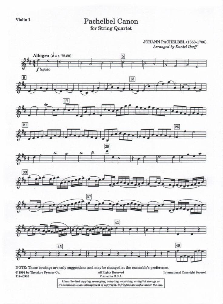 Pachelbel, Johann - Canon For String Quartet Arranged by Daniel Dorff Published by Theodore Presser Company