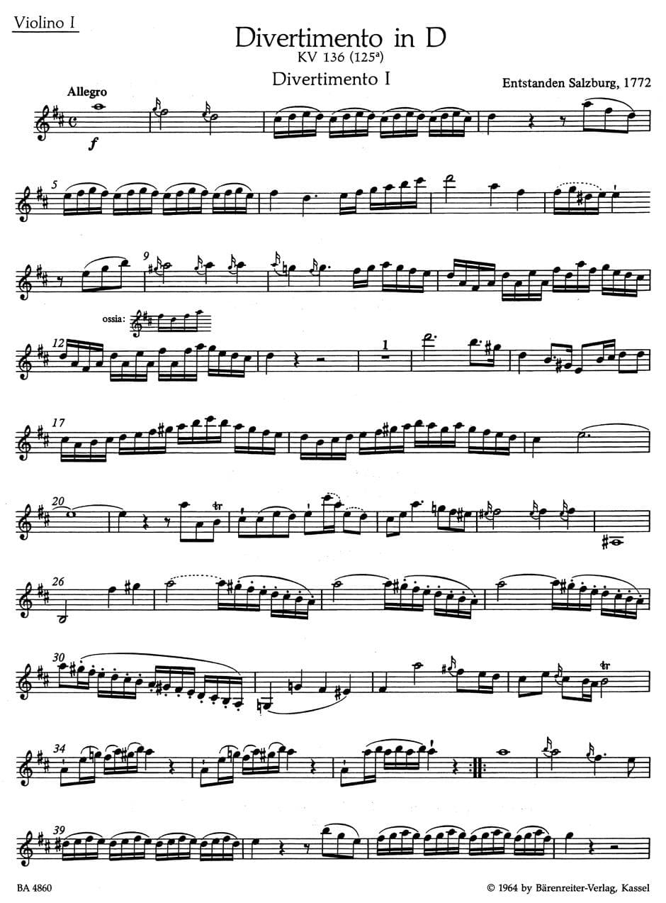 Mozart, WA - Three Divertimenti for String Quartet, K 136, 137, 138 - Two Violins, Viola, and Cello - edited by Karl Heinz Füssl - Bärenreiter Verlag URTEXT
