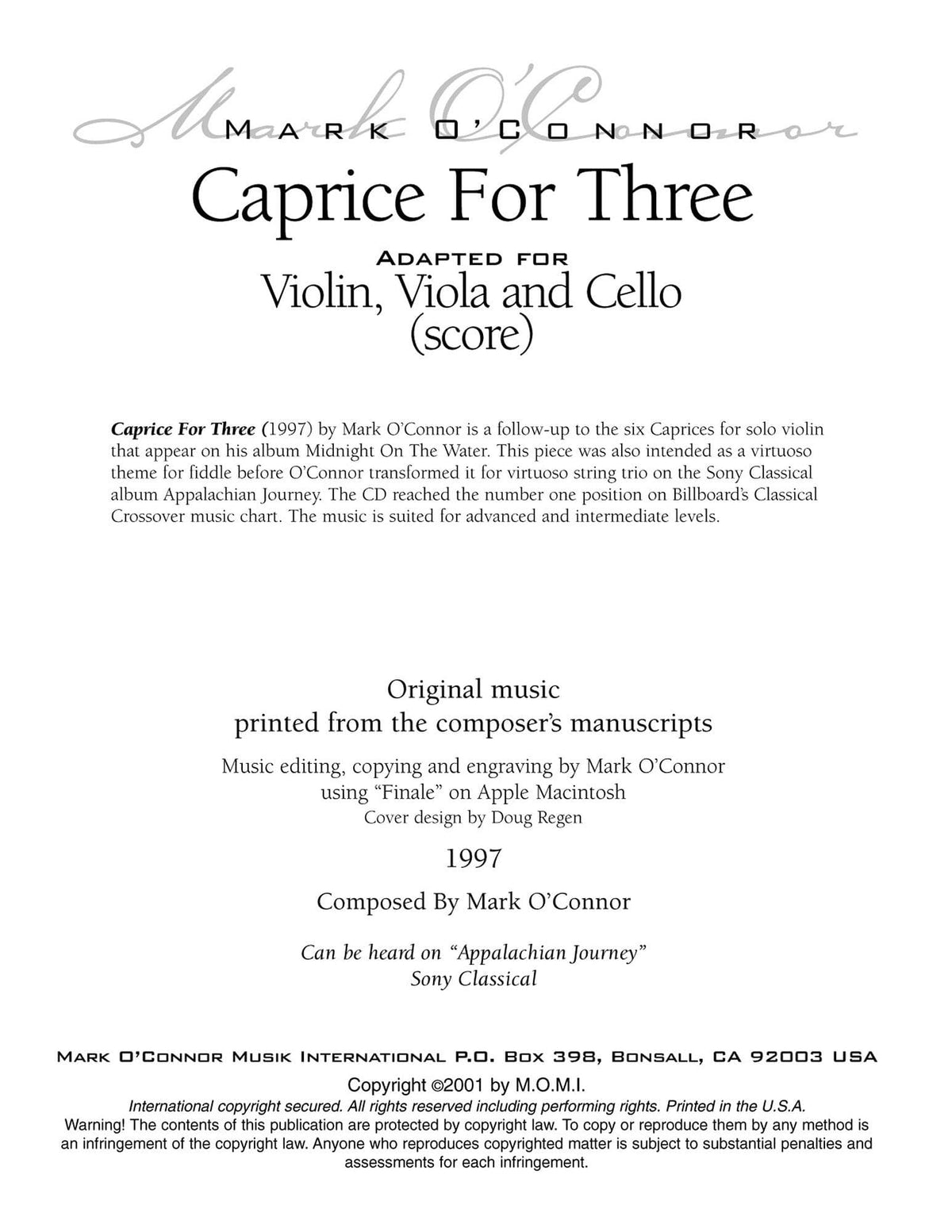 O'Connor, Mark - Caprice for Three for Violin, Viola, and Cello - Score - Digital Download