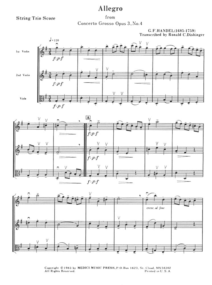 Handel, George Frideric - Allegro from Concerto Grosso, Op 3, No 4 - Two Violins and Viola - Score and Parts - arranged by Ronald C Dishinger - Medici Music Press