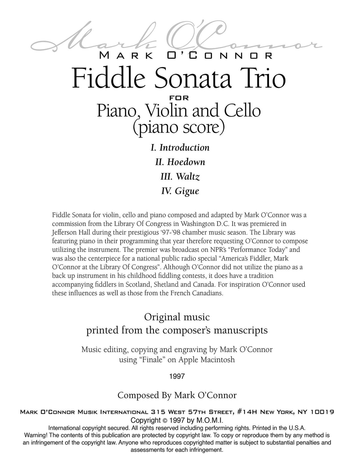 O'Connor, Mark - Fiddle Sonata Trio for Piano, Violin, and Cello - Score - Digital Download