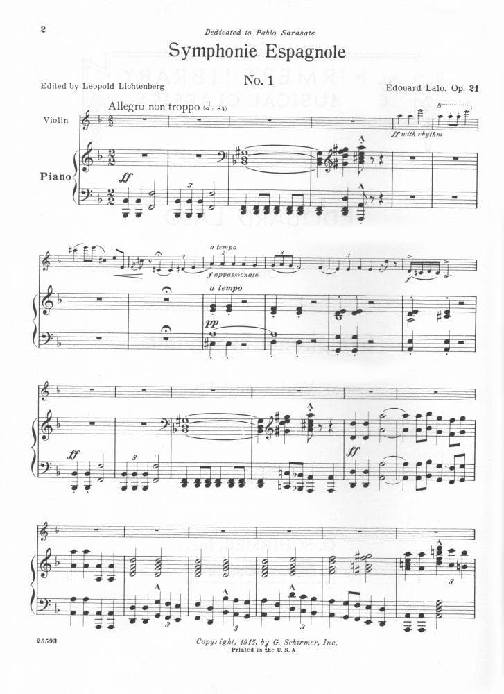 Lalo, Edouard - Symphonie Espagnole, Op 21 - Violin and Piano - edited by Leopold Lichtenberg - G Schirmer Edition