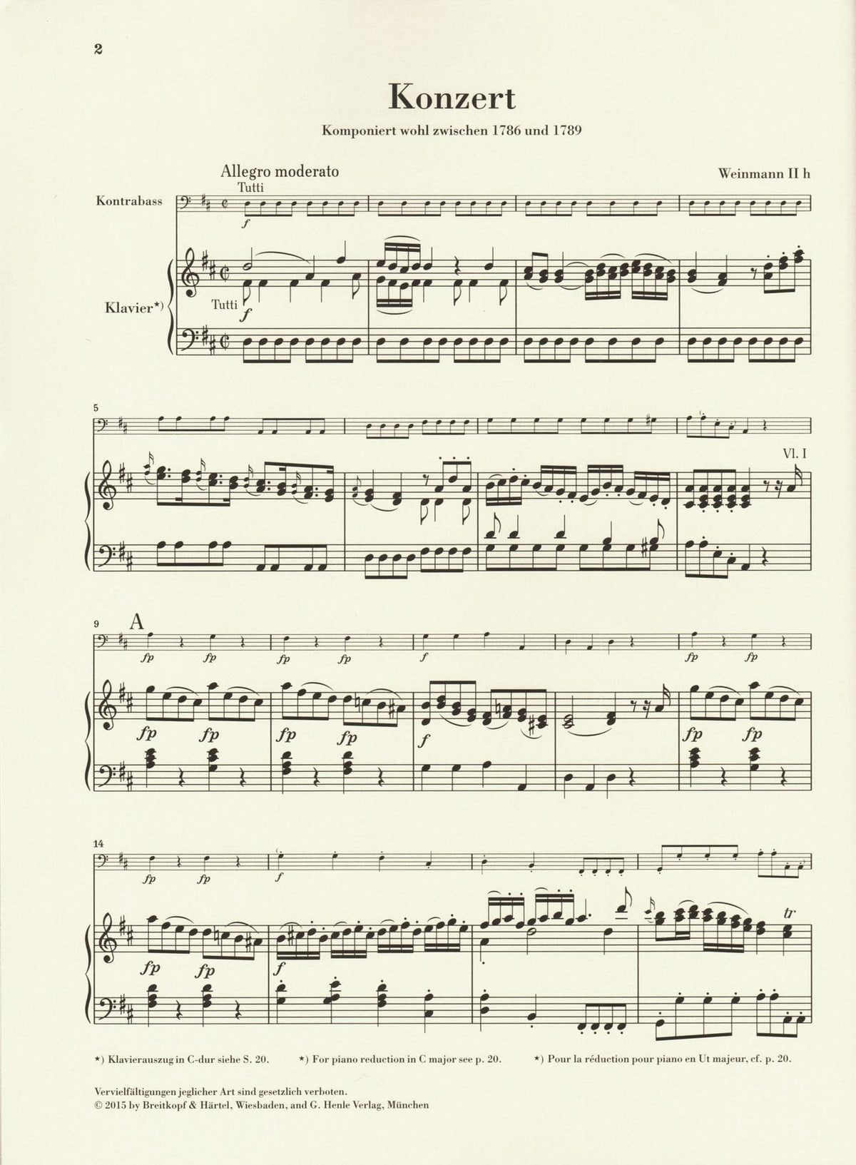 Vanhal, Johann Baptist - Double Bass Concerto - for Bass and Piano - G. Henle Verlag URTEXT