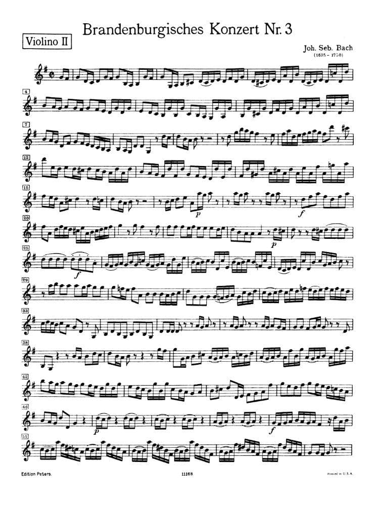 Bach, JS - Brandenburg Concerto No 3 BWV 1048 for 2nd Violin - Peters Edition