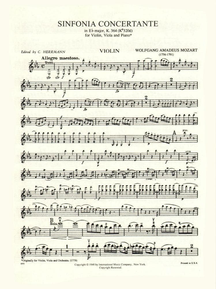 Mozart, WA - Symphonie Concertante in E-flat Major, K 364 - Violin and Viola with Piano - edited by Joseph Hellmesberger - International Music Co
